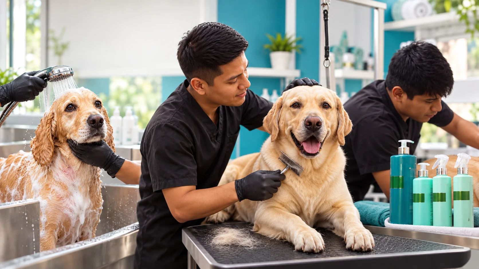 Equipo de grooming atendiendo perros en Masqotina